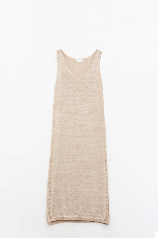 Sleeveless Maxi Beige Dress With Side Slit - Dresses