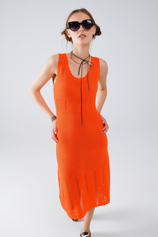Sleeveless orange knit midi dress with round neck - Dresses