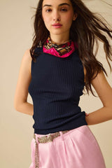 Sleeveless Ribbed knitted Top In navy