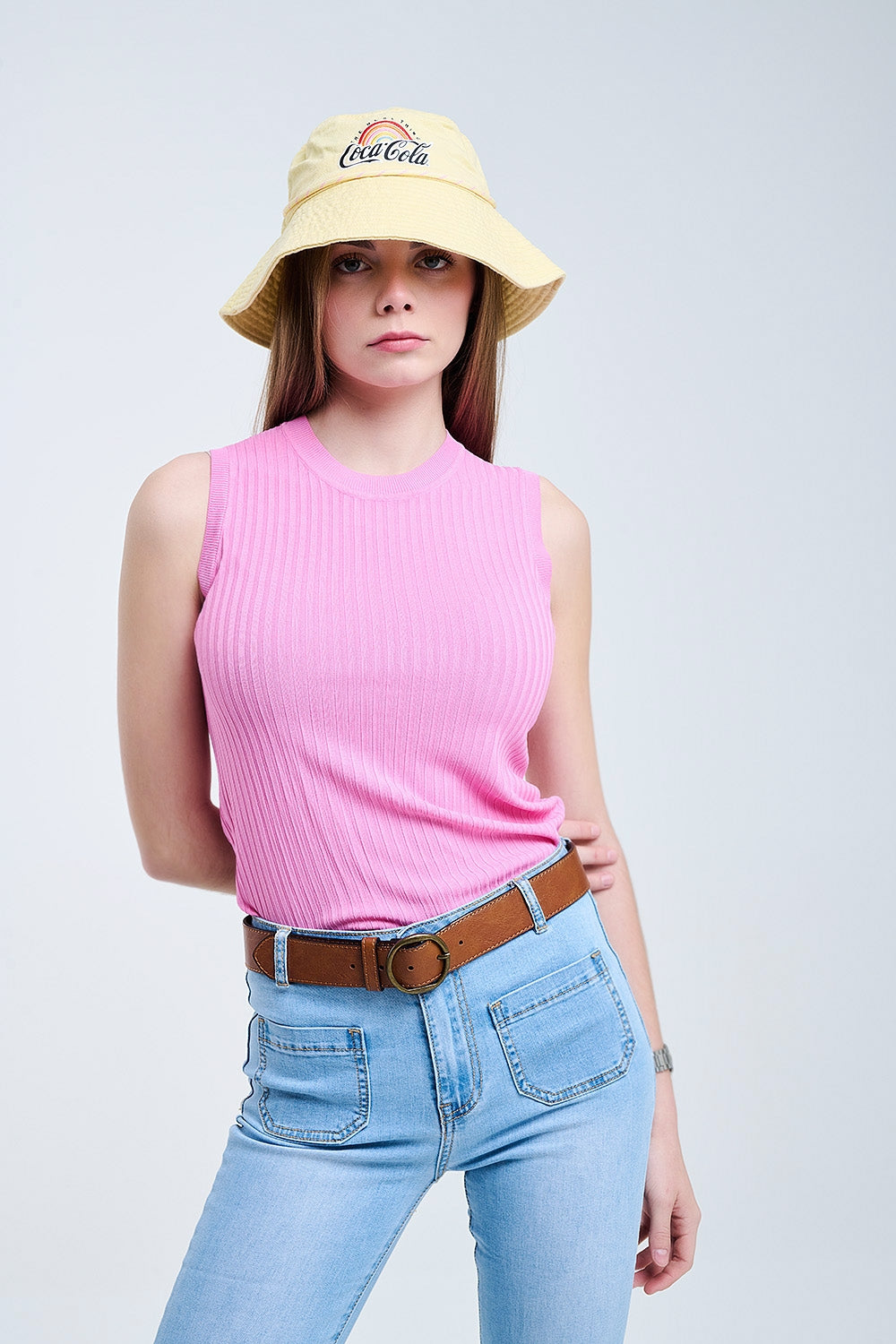 Sleeveless Ribbed knitted Top In Pink - Jumpers