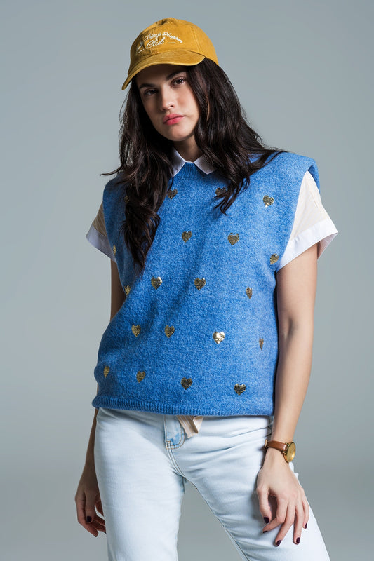 Sleeveless sweater in blue with silver sequin hearts - Jumpers
