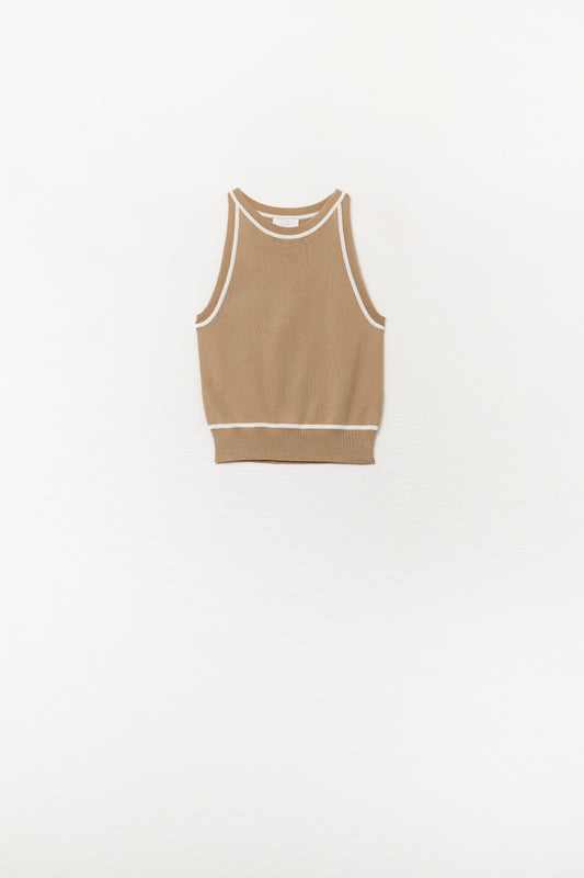 Sleeveless Sweater In Camel Featuring detail White Lines - Tops