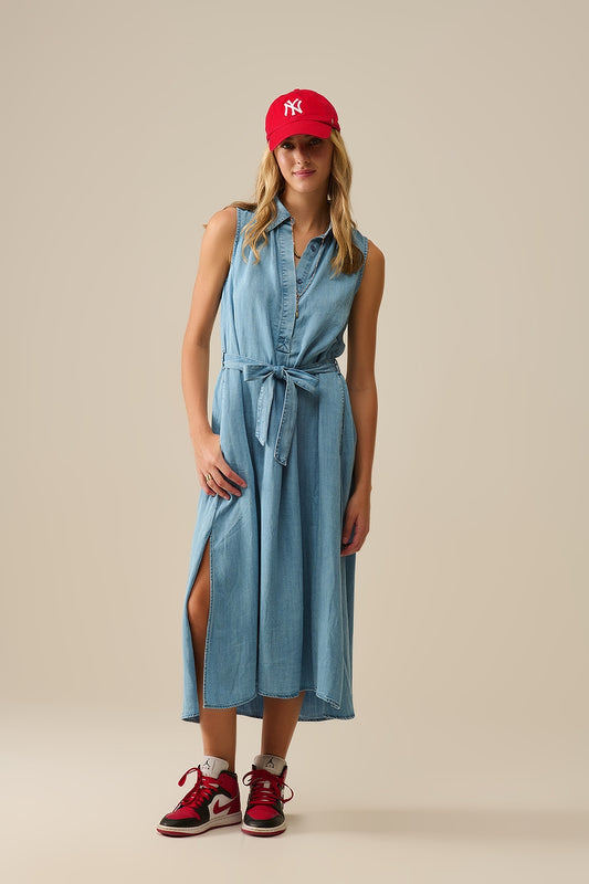 Sleeveless tencel fabric shirt dress in Blue - Dresses