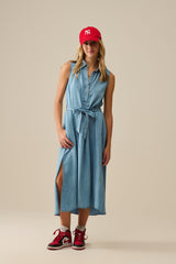 Robe chemise sans manches en tissu Tencel bleu
