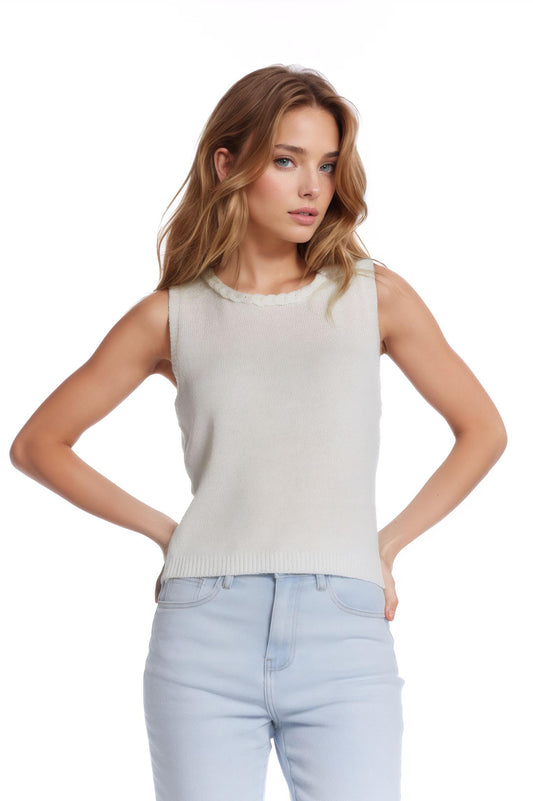 Sleeveless white Sweater With Crew Neckline And Braid Detail At Neckline - Tops
