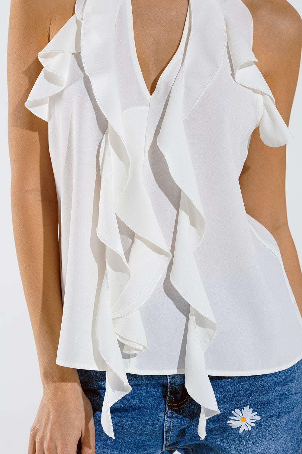 Sleeveless White Top with Ruffled Details and High Neck - Tops