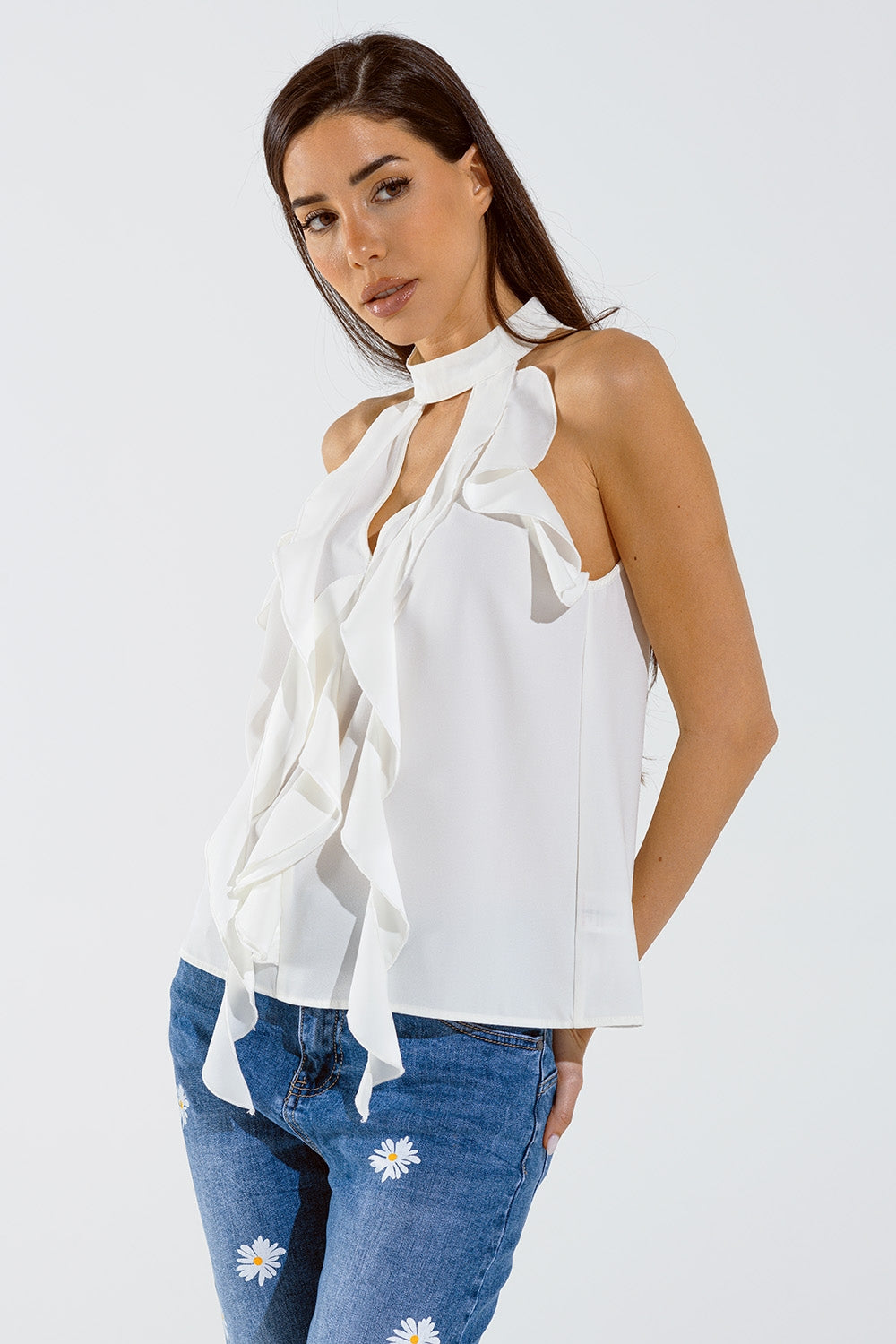 Sleeveless White Top with Ruffled Details and High Neck - Tops