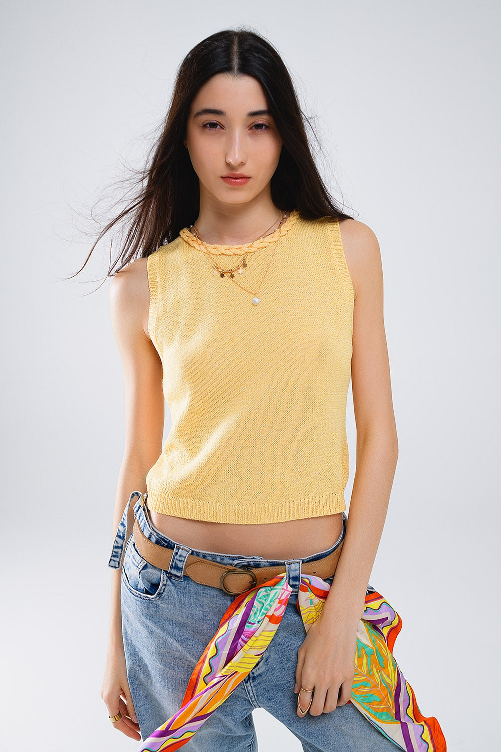 Sleeveless Yellow Sweater With Crew Neckline And Braid Detail At Neckline - Tops