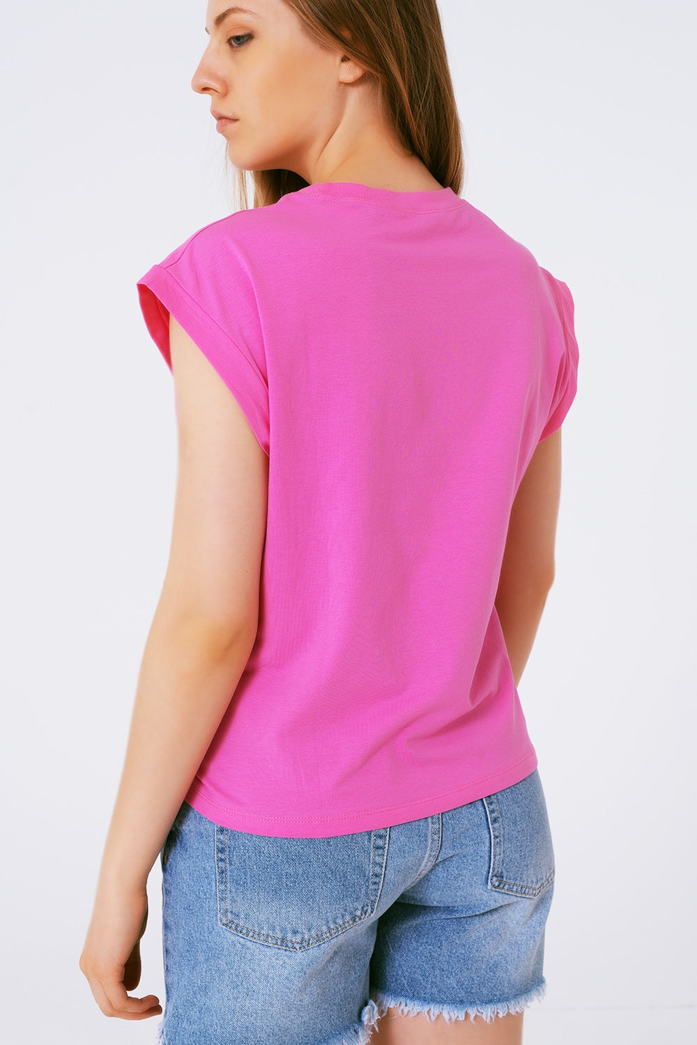 Sleevless T-shirt With Strass Detail in Pink - Tops