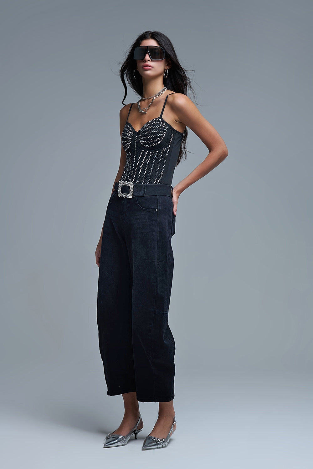 Slimming Beaded Party Body Suit in Black - Tops