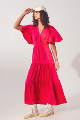 Smock V Neck Maxi Dress in fucsia