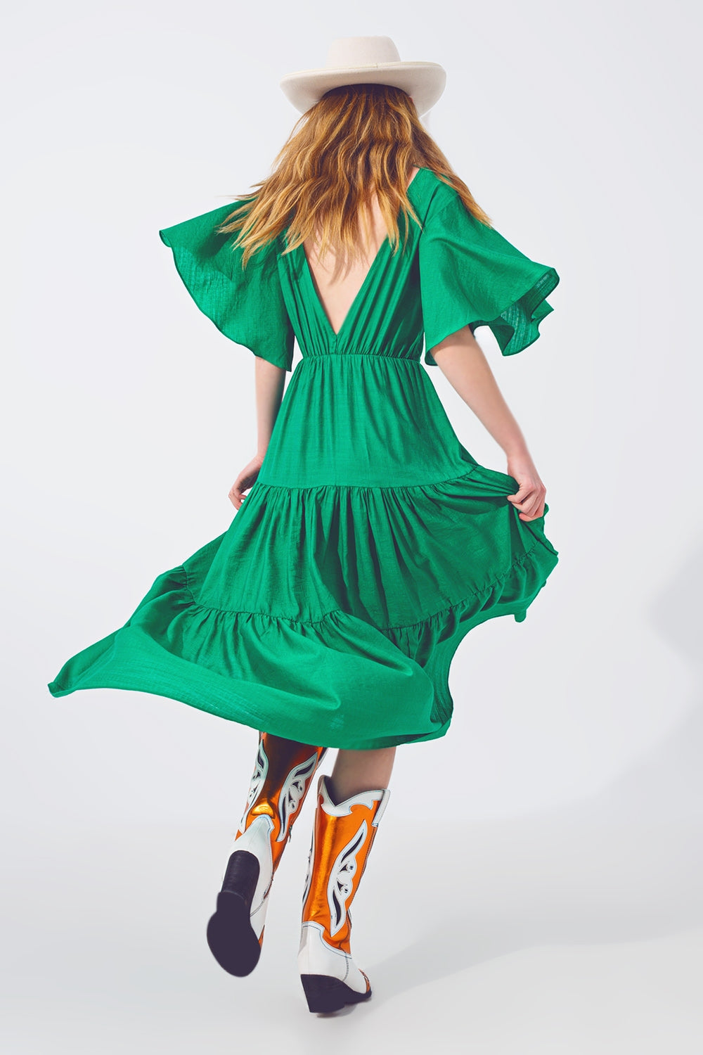 Smock V Neck Maxi Dress in Green - Dresses