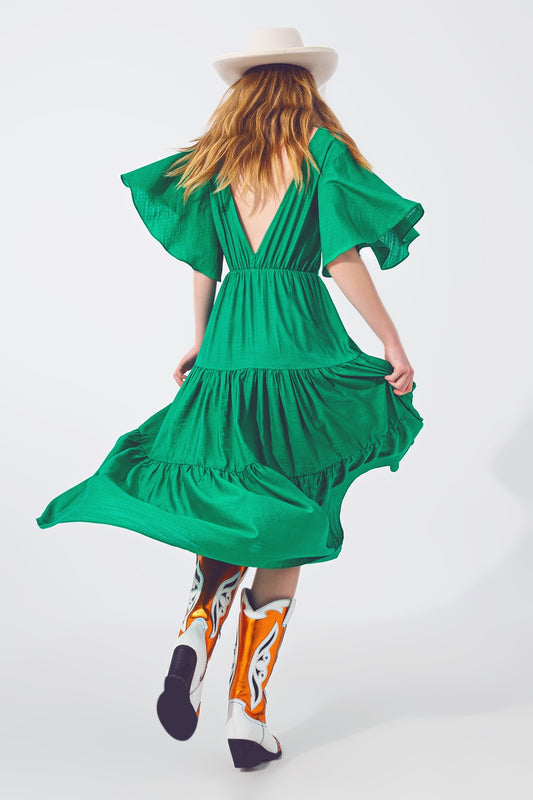 Smock V Neck Maxi Dress in Green - Dresses