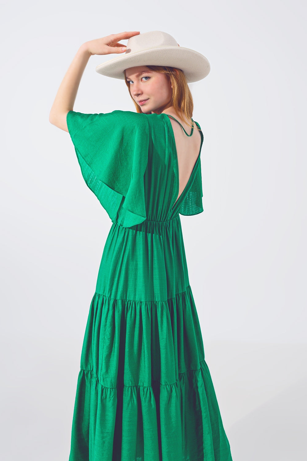 Smock V Neck Maxi Dress in Green - Dresses