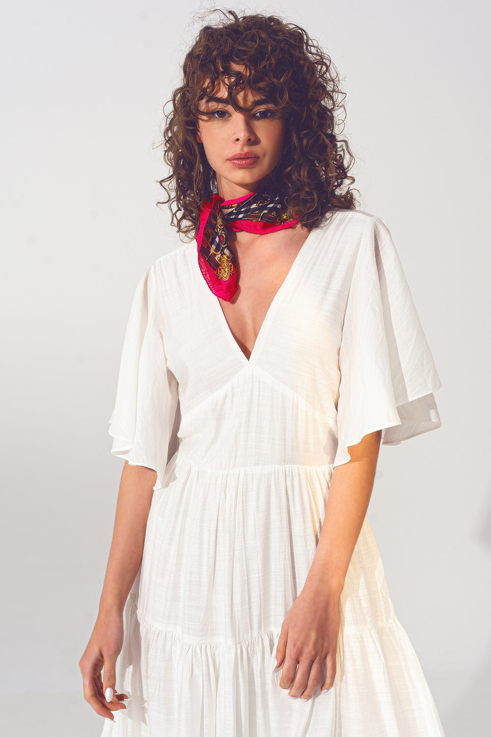 Smock V Neck Maxi Dress in White - Dresses