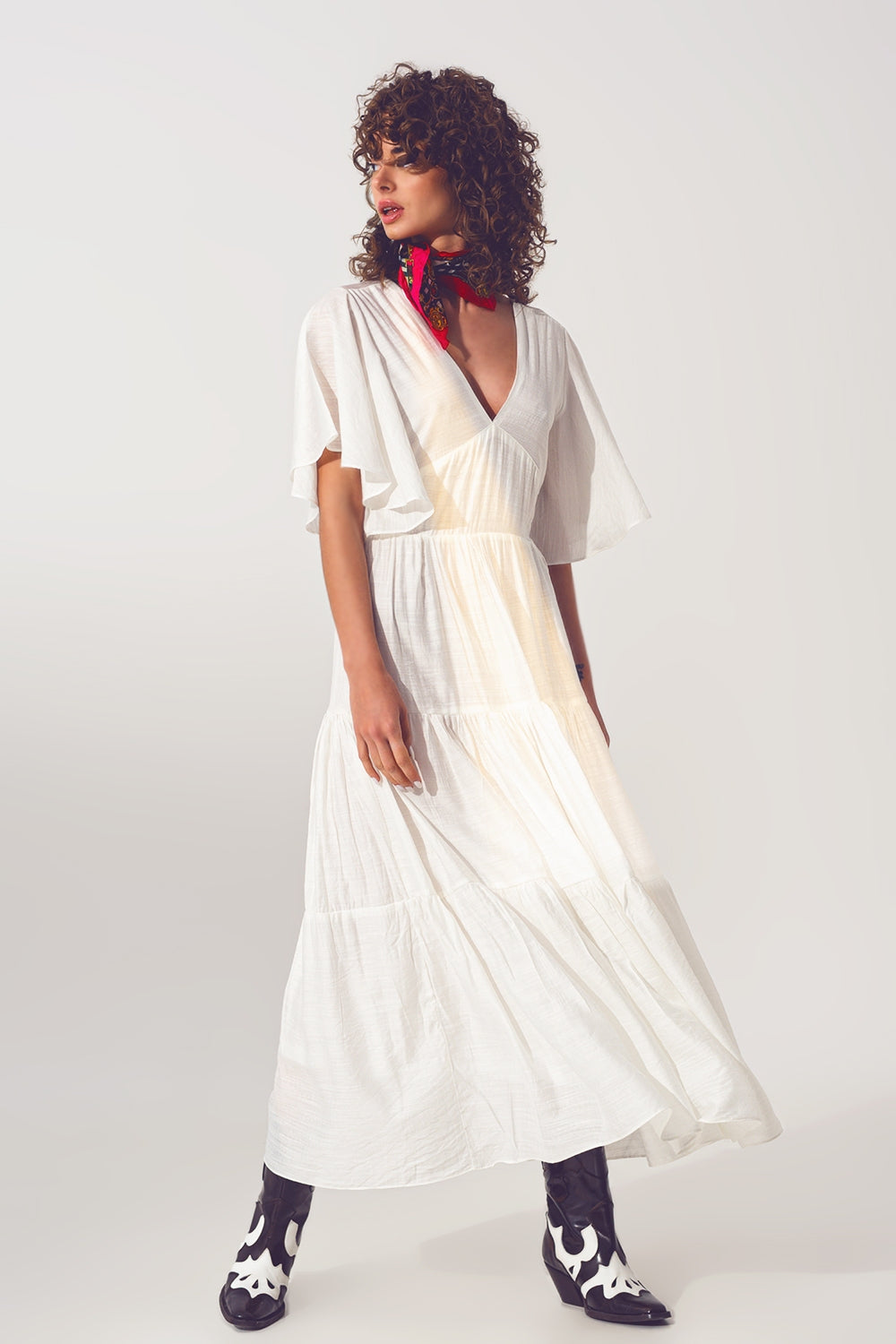 Smock V Neck Maxi Dress in White - Dresses