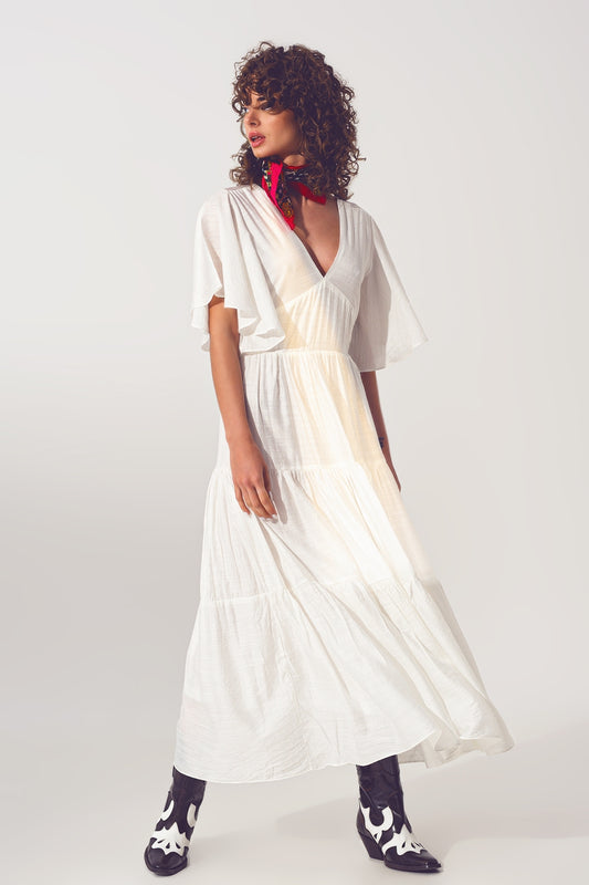 Smock V Neck Maxi Dress in White - Dresses
