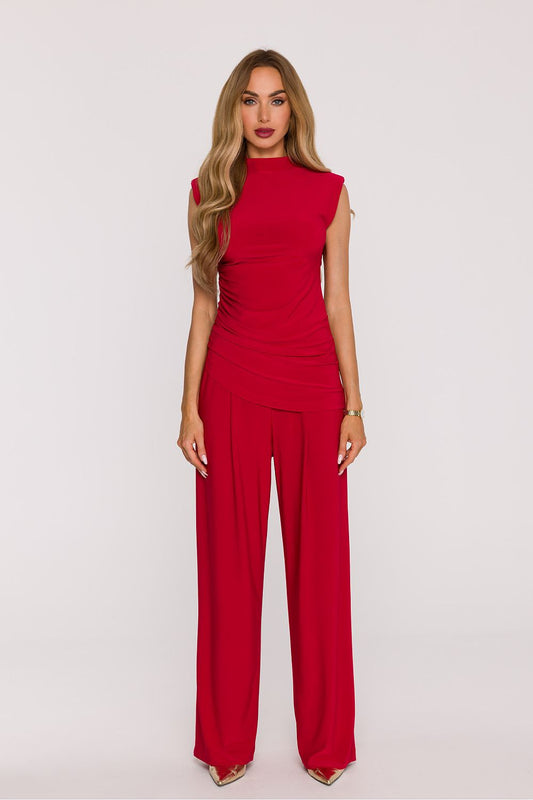 Moe Smooth Knit Fabric Set in Red with Stylish Sleeveless Top and Wide-Leg Trousers