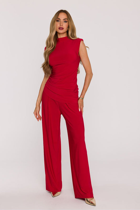 Stylish red outfit set made of smooth knit fabric set with a flattering design and wide-leg trousers