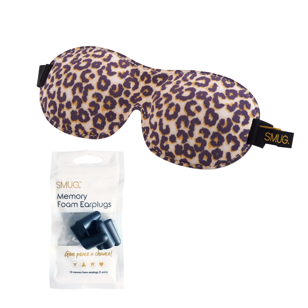 Contoured 3D Blackout Sleep Mask - Leopard Print Sleep Mask & Black Earplugs - Contoured Sleep Mask