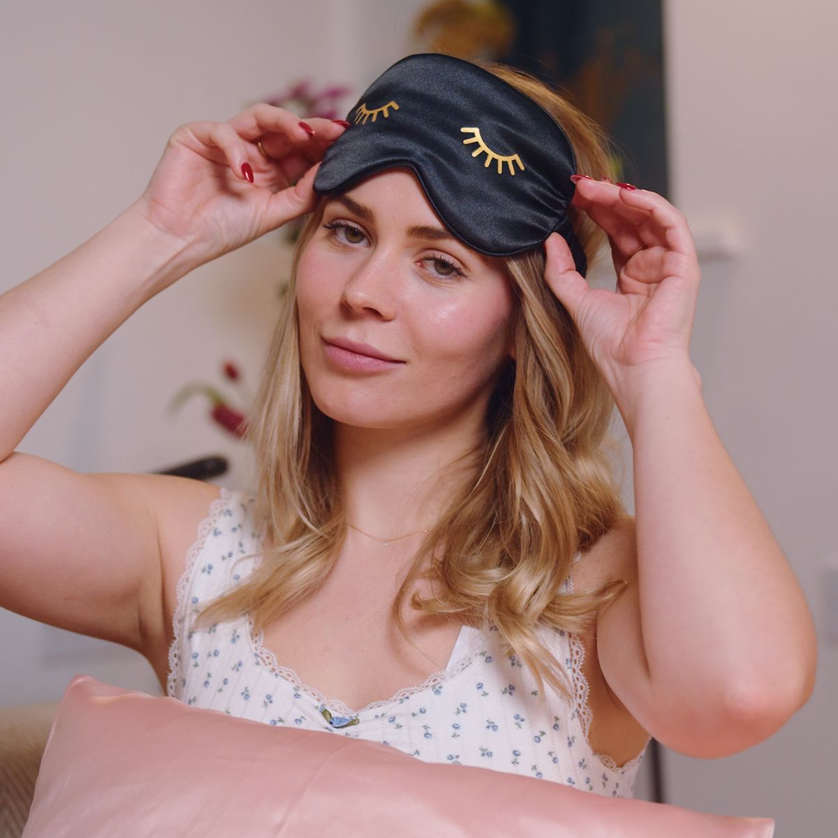 Satin Sleep Mask - Wink Print, Black - Satin Sleep Mask