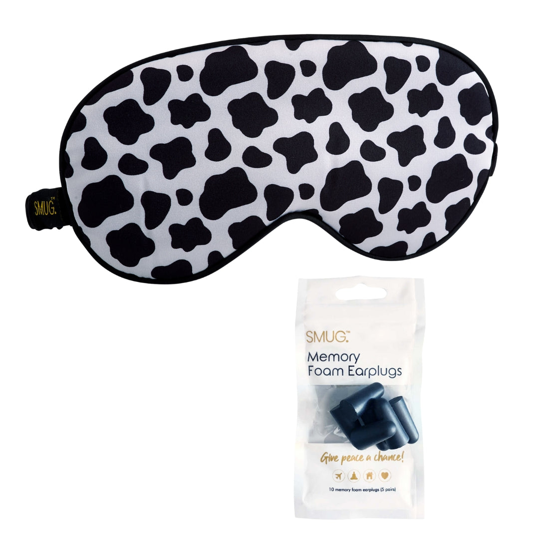 Satin Sleep Mask - Cow Print for Relaxation Sleep Mask & Black Earplugs - Satin Sleep Mask