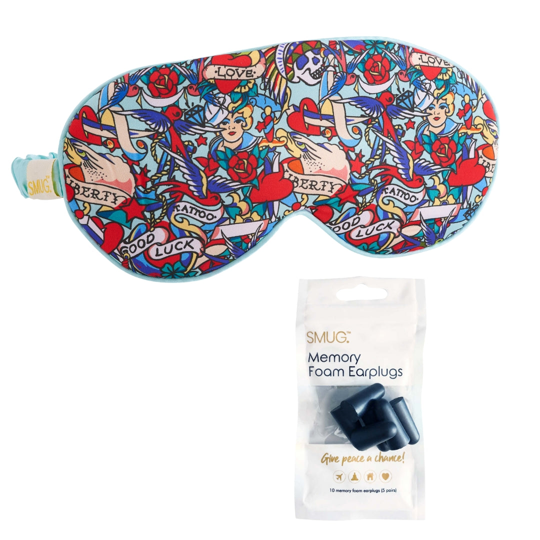 SMUG Satin Sleep Mask - Tattoo Print for Relaxing Nights Sleep Mask & Black Earplugs - Satin Sleep Mask