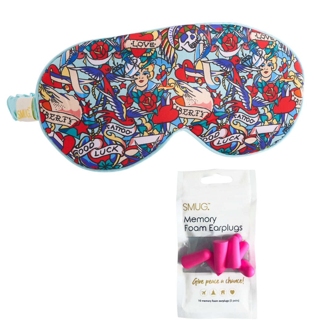 SMUG Satin Sleep Mask - Tattoo Print for Relaxing Nights Sleep Mask & Pink Earplugs - Satin Sleep Mask