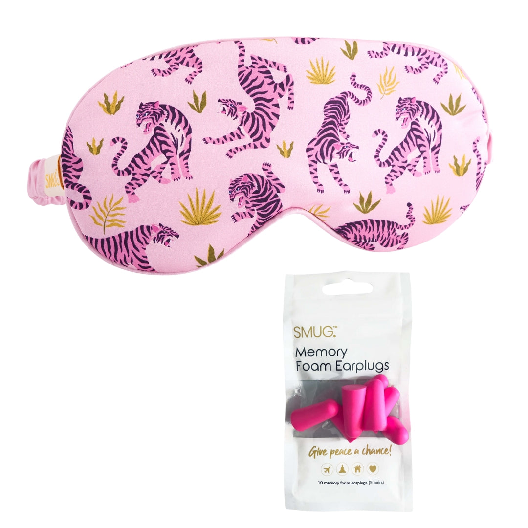 Satin Sleep Mask with Trendy Tiger Print Sleep Mask & Pink Earplugs - Satin Sleep Mask