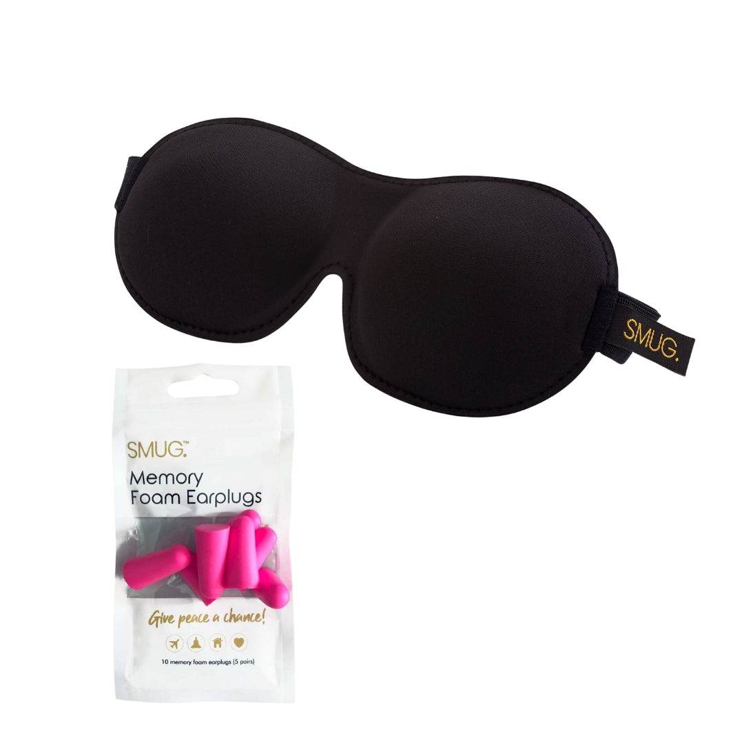 Contoured 3D Blackout Sleep Mask - Black Sleep Mask & Pink Earplugs - Contoured Sleep Mask