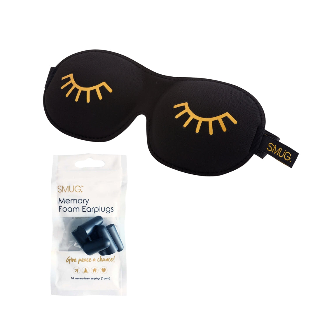 Contoured 3D Blackout Sleep Mask - Wink Print, Black Sleep Mask & Black Earplugs - Contoured Sleep Mask