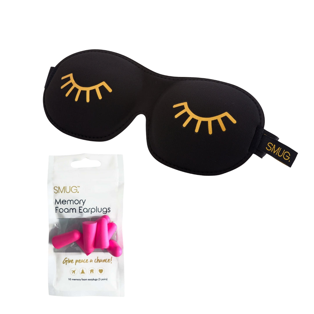 Contoured 3D Blackout Sleep Mask - Wink Print, Black Sleep Mask & Pink Earplugs - Contoured Sleep Mask