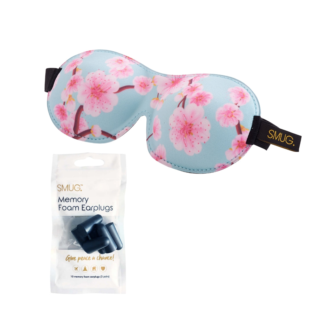 Contoured 3D Blackout Sleep Mask - Cherry Blossom Print Sleep Mask & Black Earplugs - Contoured Sleep Mask