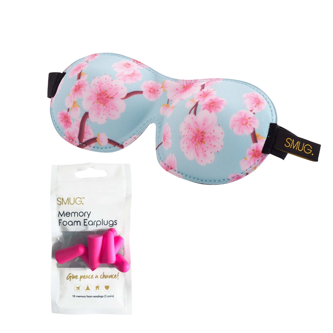 Contoured 3D Blackout Sleep Mask - Cherry Blossom Print Sleep Mask & Pink Earplugs - Contoured Sleep Mask