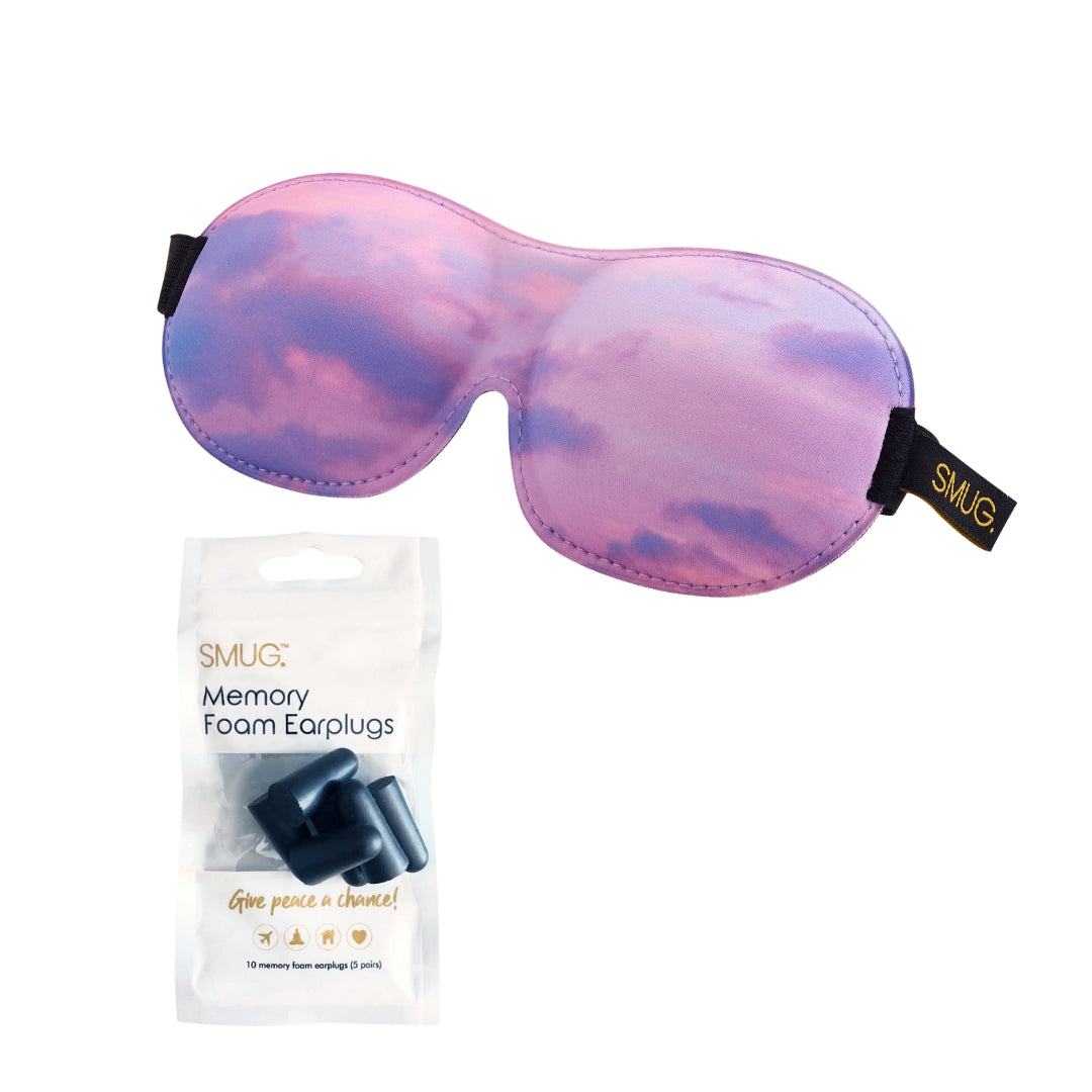 Contoured 3D Blackout Sleep Mask - Cloudy Sky Sleep Mask & Pink Earplugs - Contoured Sleep Mask