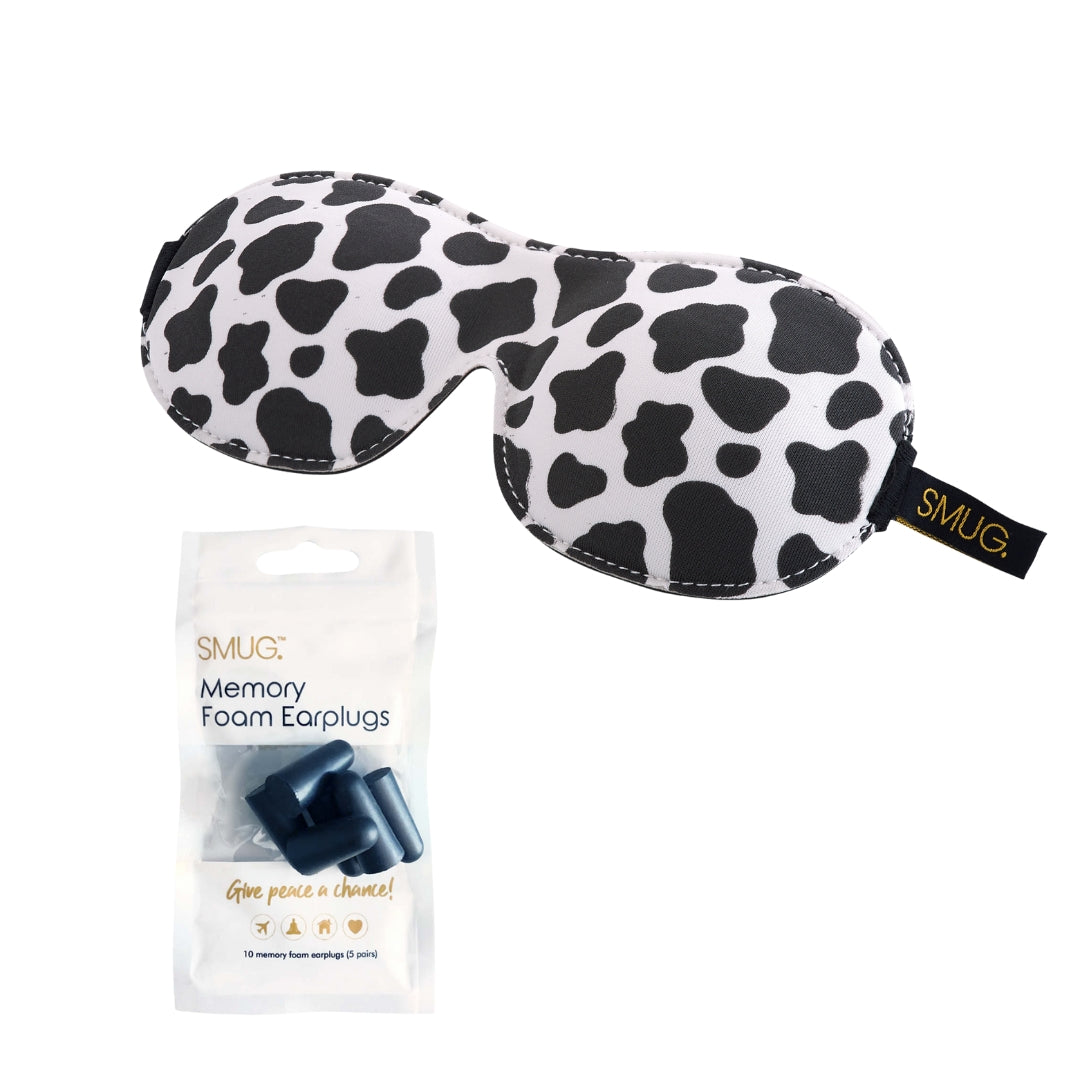 Contoured 3D Blackout Sleep Mask - Cow Print Sleep Mask & Black Earplugs - Contoured Sleep Mask