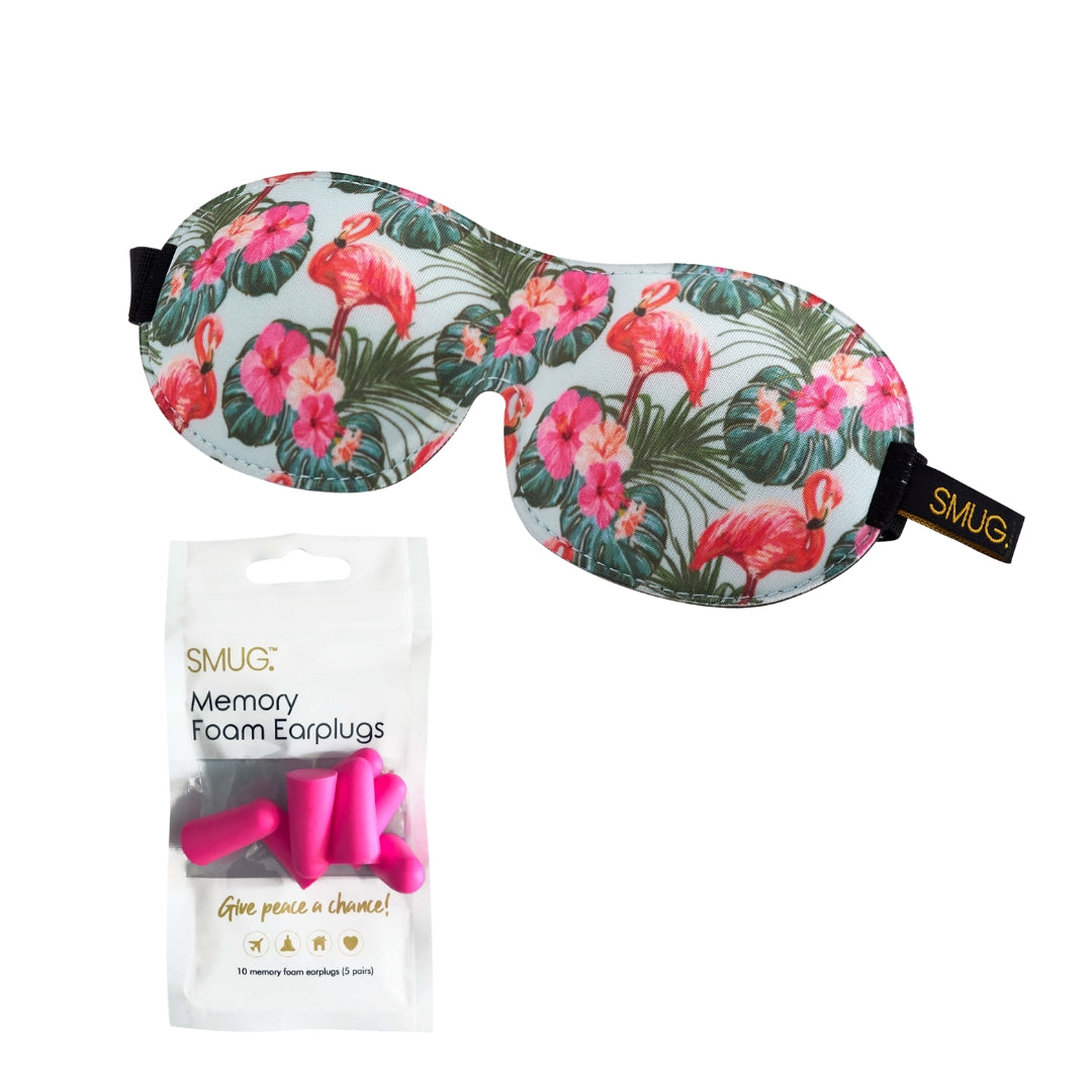 Contoured 3D Blackout Sleep Mask - Flamingo Print Sleep Mask & Pink Earplugs - Contoured Sleep Mask