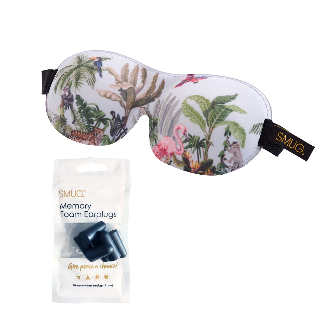 Contoured 3D Blackout Sleep Mask - Jungle Print Sleep Mask & Black Earplugs - Contoured Sleep Mask