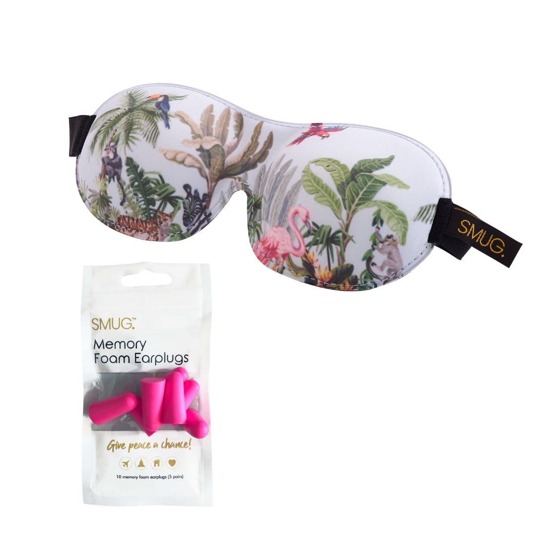 Contoured 3D Blackout Sleep Mask - Jungle Print Sleep Mask & Pink Earplugs - Contoured Sleep Mask