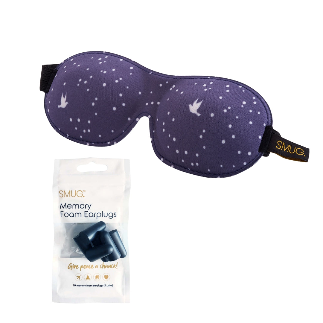 Contoured 3D Blackout Sleep Mask - Night Sky Print Sleep Mask & Black Earplugs - Contoured Sleep Mask