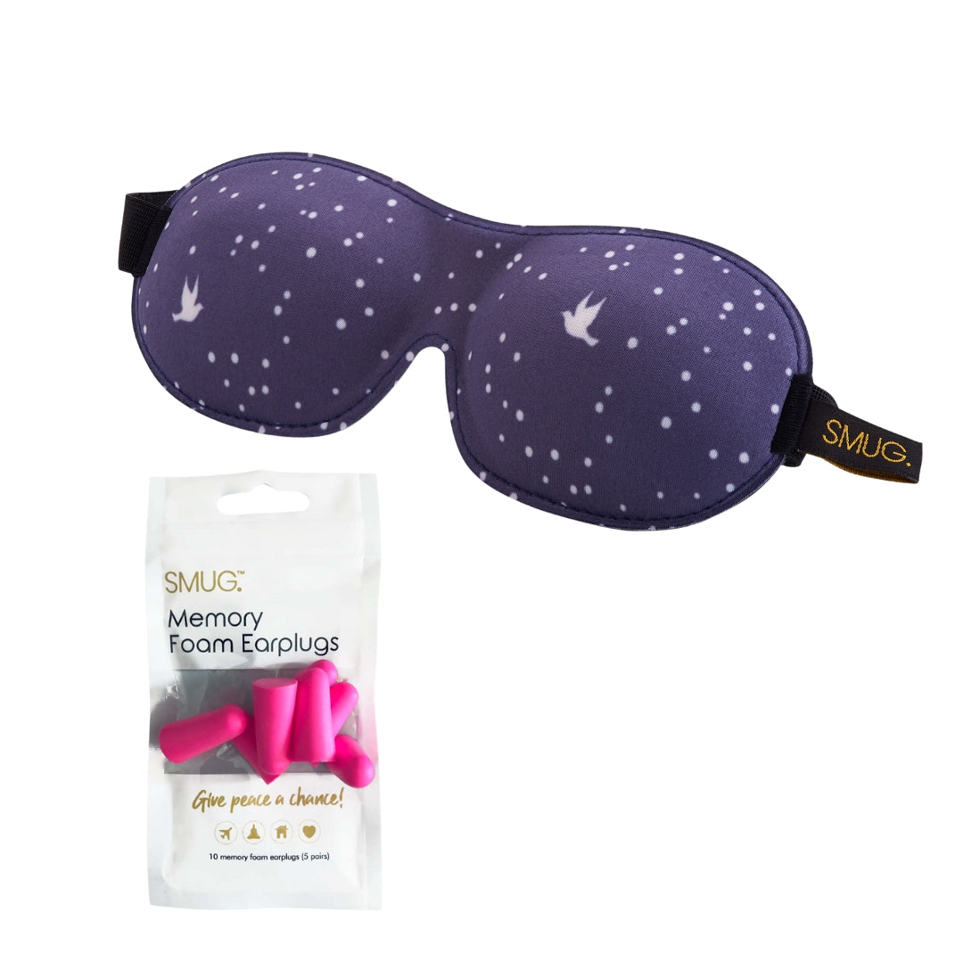 Contoured 3D Blackout Sleep Mask - Night Sky Print Sleep Mask & Pink Earplugs - Contoured Sleep Mask