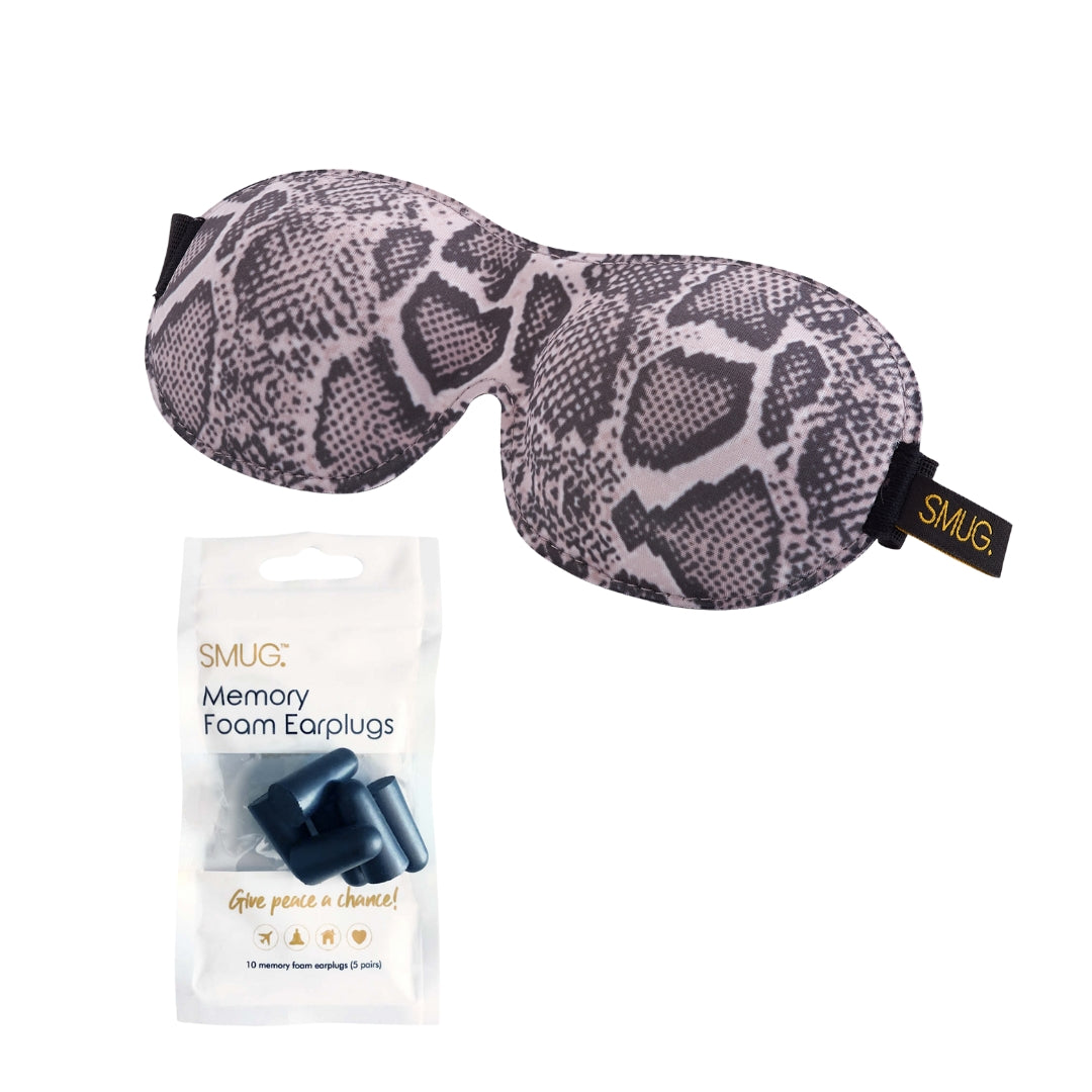 Contoured 3D Blackout Sleep Mask - Snake Print Sleep Mask & Black Earplugs - Contoured Sleep Mask
