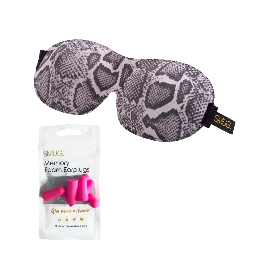 Contoured 3D Blackout Sleep Mask - Snake Print Sleep Mask & Pink Earplugs - Contoured Sleep Mask