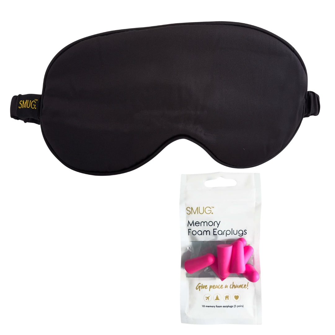 Satin Sleep Mask - Black Sleep Mask & Pink Earplugs - Satin Sleep Mask