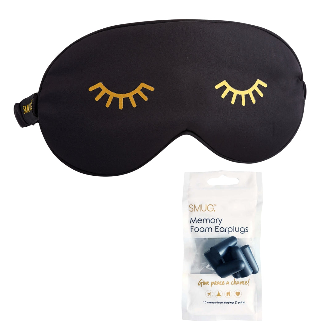 Satin Sleep Mask - Wink Print, Black Sleep Mask & Black Earplugs - Satin Sleep Mask