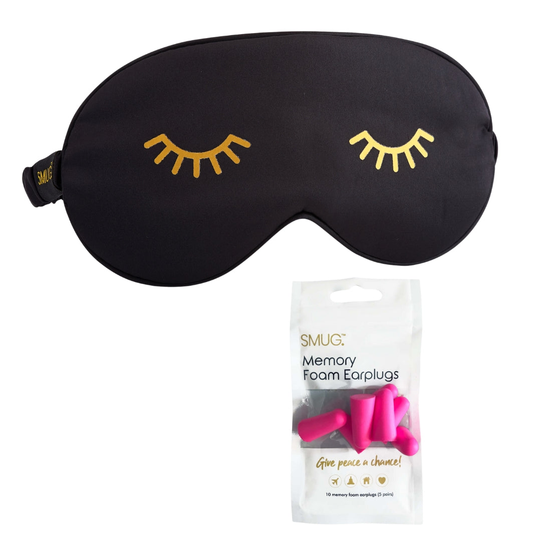 Satin Sleep Mask - Wink Print, Black Sleep Mask & Pink Earplugs - Satin Sleep Mask