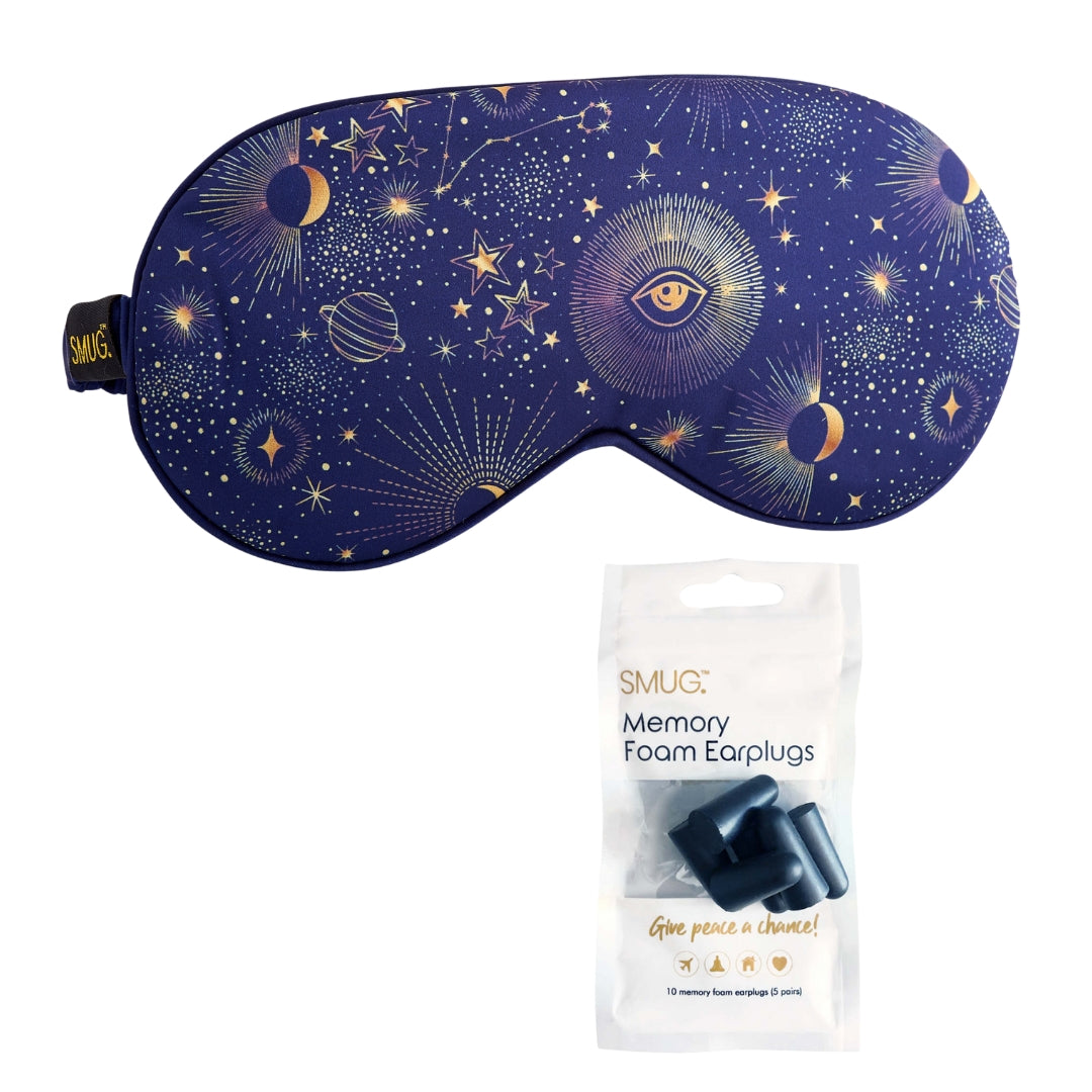 Satin Sleep Mask - Blue Celestial Sleep Mask & Black Earplugs - Satin Sleep Mask