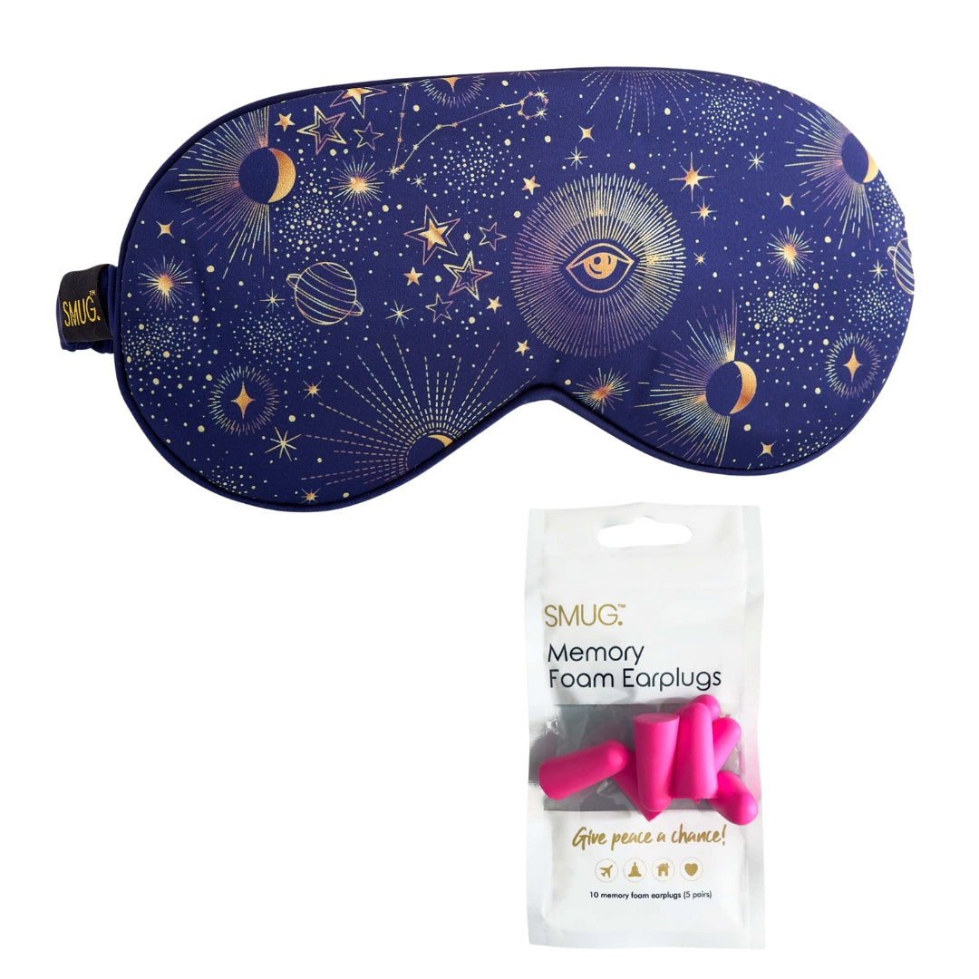 Satin Sleep Mask - Blue Celestial Sleep Mask & Pink Earplugs - Satin Sleep Mask