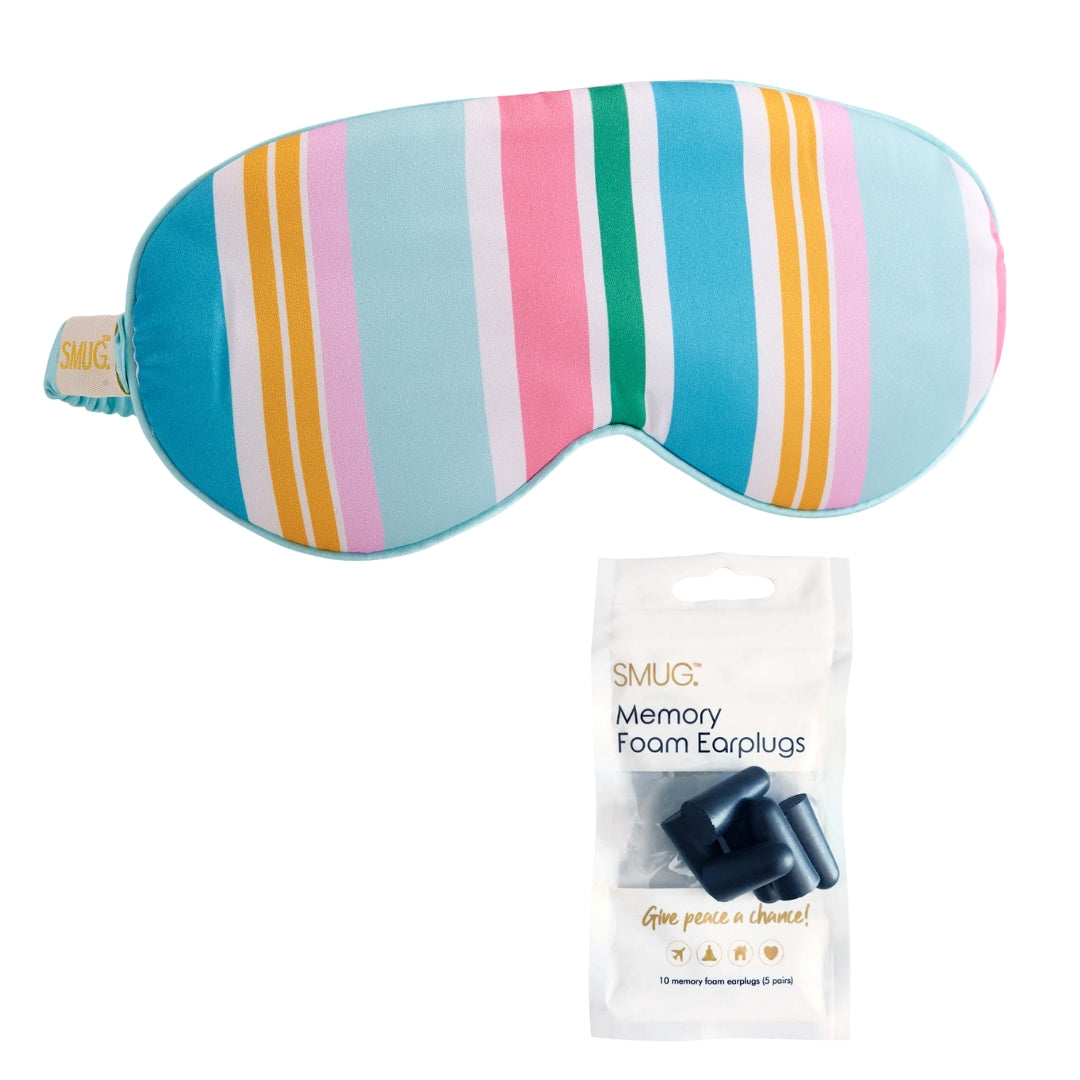 Satin Sleep Mask - Bold Stripe Print Sleep Mask & Black Earplugs - Satin Sleep Mask