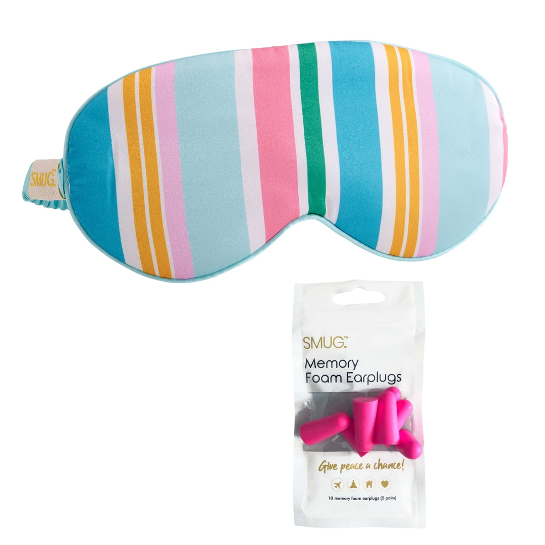 Satin Sleep Mask - Bold Stripe Print Sleep Mask & Pink Earplugs - Satin Sleep Mask